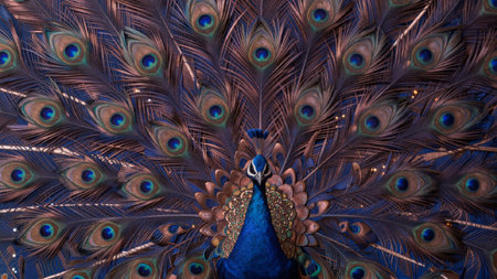 Photograph of a peacock displaying its vibrant display, the peacock is positioned in the center of the frame, with its head facing towards the left side of the image, its feathers are spread out in.の写真素材