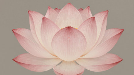 Detailed, realistic depiction of a lotus flower, the flower is in full bloom, with its petals radiating outward in a soft, velvety pink hue. The petals are arranged in a symmetrical pattern, with each petal.の写真素材