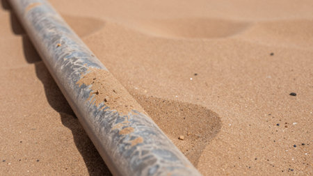 Photograph of a sandy beach, taken from a low angle, focusing on a section of a metal pipe lying on...