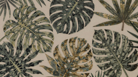 Pattern featuring various types of tropical leaves, specifically monstera deliciosa, arranged in a...
