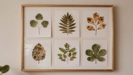 Botanical specimens arranged in a square wooden frame attached to a plain white wall, each containing six different types of leaves. The first specimen on the top left shows a single green leaf with a.の写真素材