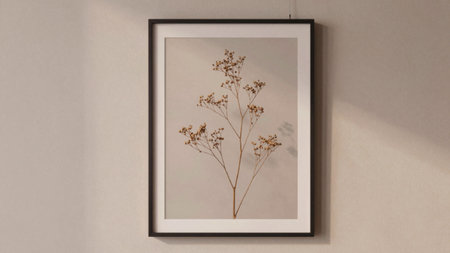 Hanging on a plain, light beige wall with a black wooden frame attached to it. The frame is...