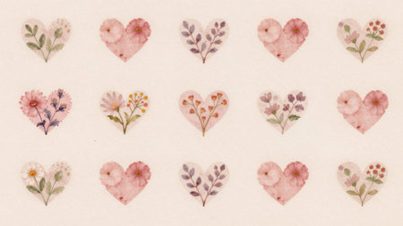Of nine heart-shaped illustrations arranged in a grid of 9 rows and 9 columns, each representing a different type of flower, arranged on a plain, light beige background. The first row contains nine heart shapes,.の写真素材