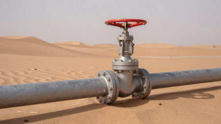 Photograph depicting a close-up of a rusty, galvanized steel pipe with a flanged valve attached to...