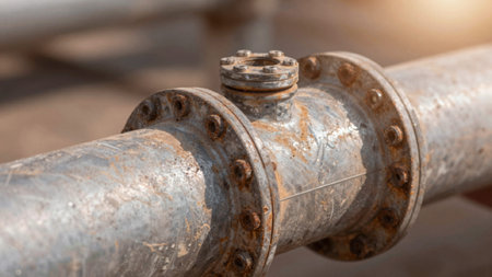 Of a rusted, corroded pipe, the pipe is made of galvanized steel and has a weathered, aged...