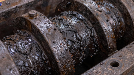 Macro shot of an old, rusted industrial machine, the machine appears to be in a state of disrepair,...