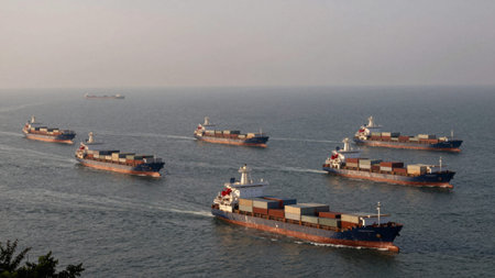 Of six large cargo ships sailing on the ocean, each carrying multiple containers, the ships are of...