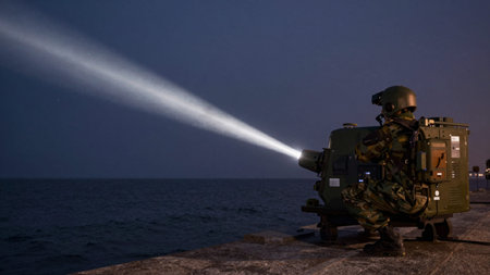 Photograph taken at night, depicting a soldier in full combat gear, including a helmet, goggles, and...