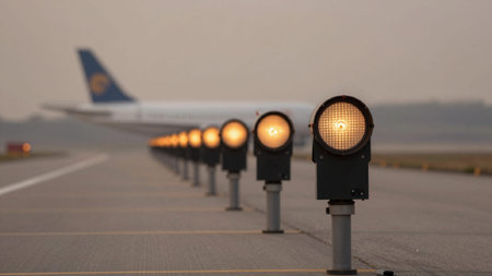 Taken at an airport runway during sunrise or sunset, in the foreground, there are several rows of...