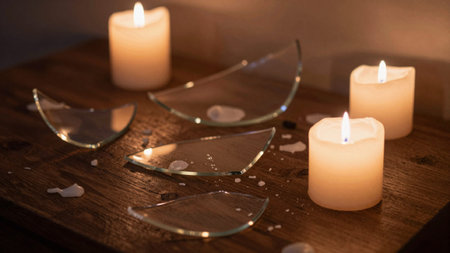 Table with a warm, flickering light emanating from a single lit candle on the right side, the candle is cylindrical in shape with a flameless flame at the top, casting a soft, warm glow. On.の写真素材