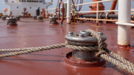 Of a rusty metal bollard on a ship's deck, the metal is rusted and weathered, with visible signs of wear and tear, and it is secured with a thick, beige rope. The rope is coiled.の写真素材