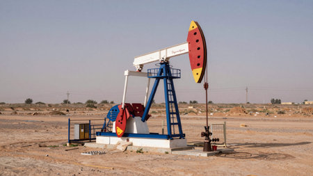 Of an oil pump jack in the middle of a barren, arid landscape. The pump jack is located in the...