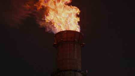 Photograph of a tall, cylindrical chimney with a fiery flame at the top. The flame is bright and...