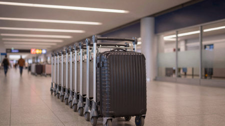 Row of luggage carts in an airport terminal. The carts are made of stainless steel and have a sleek,...