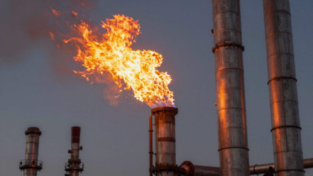 Photograph depicting an industrial plant with tall, cylindrical metal chimneys and pipes, the chimneys are made of galvanized steel and have a weathered, aged appearance, with visible corrosion and rust spots, the pipes are arranged.の写真素材