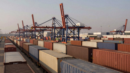Taken from a low angle, looking up at a freight yard filled with multiple shipping containers. The...
