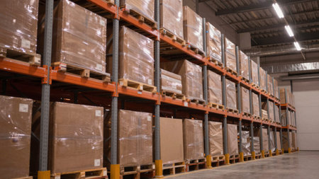 Of a large warehouse with industrial shelving units arranged in rows, each rack is made of steel and...
