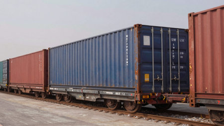 Of a freight train carrying multiple shipping containers on a railway track. The train carriages are...