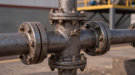 Of a rusty, industrial pipe with multiple flanges and bolts attached to it. The pipe appears to be...