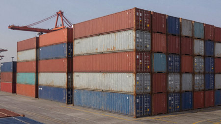 Of a stack of shipping containers at a port, the containers are arranged in a horizontal manner,...
