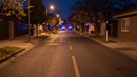 Scene of a residential street in a suburban neighborhood, the street is empty, with no cars or...