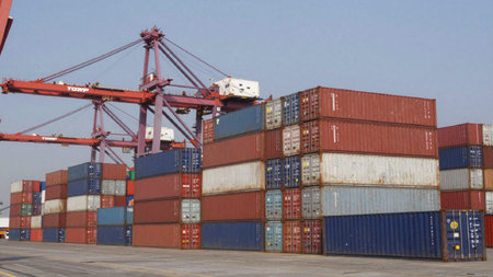 Taken at a port, taken from a low angle, looking up at a stack of shipping containers, the...