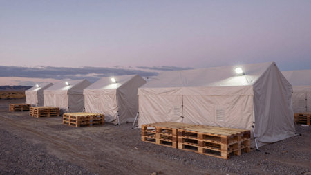 Depicting a group of tents set up in a desert-like setting, with a vast expanse of barren land...