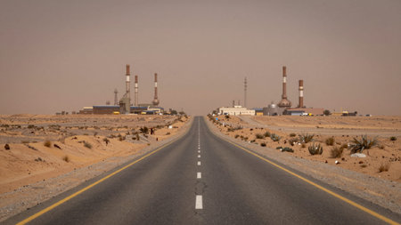 Captures an empty, straight road in the middle of a vast desert landscape, the road stretches into...