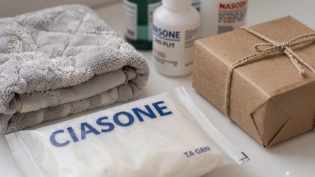 Lay of various items on a white surface, including a stack of light grey towels with a textured,...