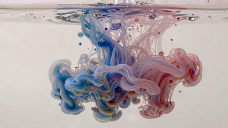 Detailed, abstract digital artwork depicting a fluid, organic composition submerged in water. The artwork is composed of a series of concentric, wavy lines that create a sense of movement and fluidity, with varying shades of.