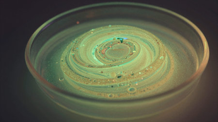Photograph taken from a close-up perspective, focusing on a circular, microscopic view of a liquid, the liquid appears to be a light greenish-yellowish-green color with a smooth, bubbly texture. The center of the image features.