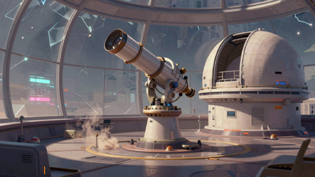 Space station with a large telescope on a pedestal in the center. The telescope is white and gold in color and has a long, cylindrical body with a pointed end. It is mounted on a.