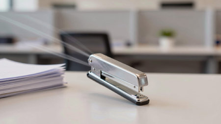 On a desk in an office. The desk is white and there is a stack of papers on the left side of the image. The staplers are silver in color and appear to be in.