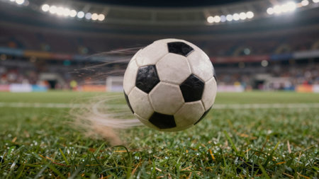 Ball in mid-air, with its black and white stripes clearly visible. The ball is in the center of the image, with the grass surrounding it. The background is blurred, but it appears to be a.