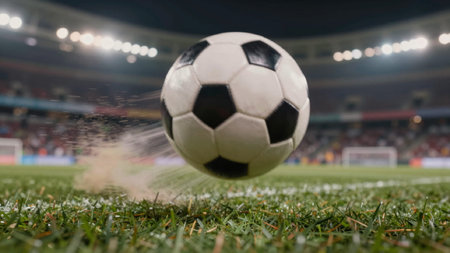 Ball in mid-air, with its black and white stripes clearly visible. The ball is in the center of the image, with the grass surrounding it. The background is blurred, but it appears to be a.