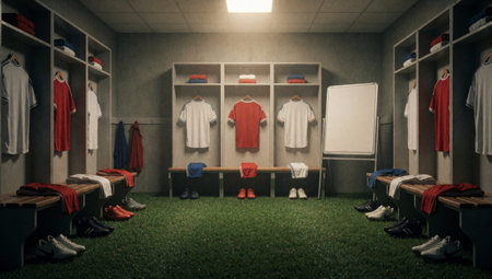 Locker room with multiple rows of wooden benches and shelves. The walls are painted in a light grey color and the floor is covered in green grass. On the left and right side of the.