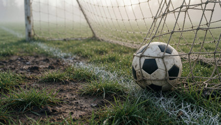 Ball lying on the ground in front of a goalpost. The ball is black and white and appears to be old and worn, with some areas of the ball covered in dirt and grime. The.