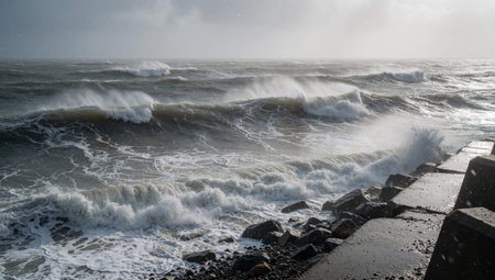 With large waves crashing onto the shore. The waves are white and foamy, and the water is choppy and turbulent. The sky is overcast and the horizon is visible in the distance. On the right.