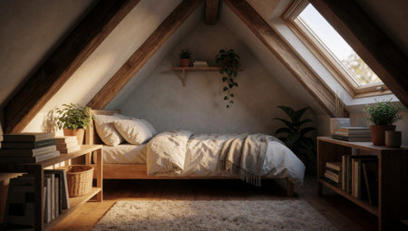 Bedroom with a high ceiling and wooden beams. The room has a large window on the right side, allowing natural light to enter the space. The walls are painted in a light beige color, and.