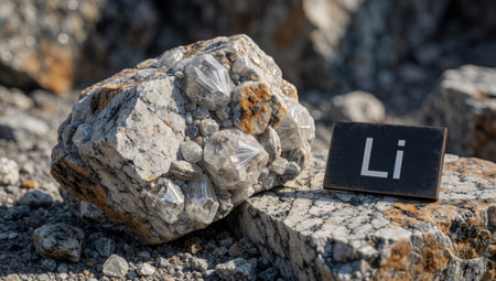 Black square with the letter Li written on it, placed on top of a pile of rocks and pebbles. The rocks are of different sizes and colors, with some being white, some being orange, and.