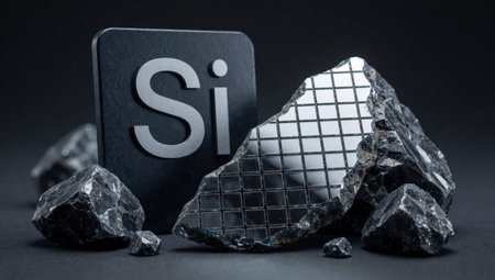 Square with the letter Si written in white capital letters on it. Next to the square, there are several small rocks scattered around. On the right side of the image, there is a large rock.