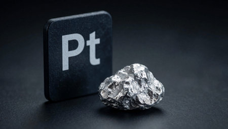 Square-shaped object with the letter Pt written on it in white capital letters. Next to the object, there is a small, shiny, metallic object that appears to be a meteorite. The object is placed on.