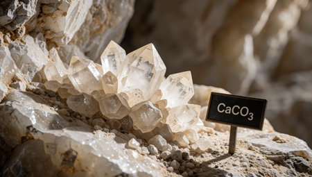 Of crystals on a rocky surface. The crystals are of different sizes and shapes, with some being pointed and others being elongated. They are arranged in a cluster, with the largest crystal in the center.