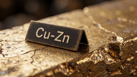 Rectangular metal sign with the word Cu-Zn written on it in white capital letters. The sign is placed on top of a piece of wood with a rough, textured surface. The wood appears to be.