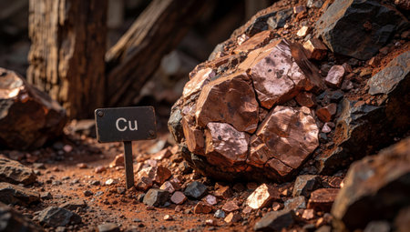 Black sign with the word Cu written on it, placed on a pile of rocks and pebbles. The sign is rectangular in shape and has a white background with black text. The rocks are of.