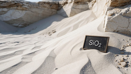 Landscape with sand dunes and rocks. The sky is blue and the sun is shining, casting a warm glow on the scene. In the center of the image, there is a small black sign with.