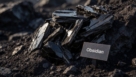Of black obsidian crystals on a rocky surface. The crystals are arranged in a disorganized manner, with some overlapping each other. In the center of the pile, there is a small black sign with the.