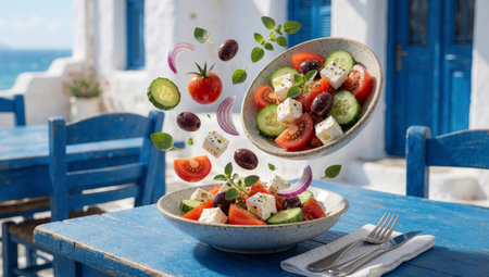 Of salad on a blue wooden table with a view of the ocean in the background. The salad is made up of sliced tomatoes, cucumbers, red onions, olives, and feta cheese, and is.