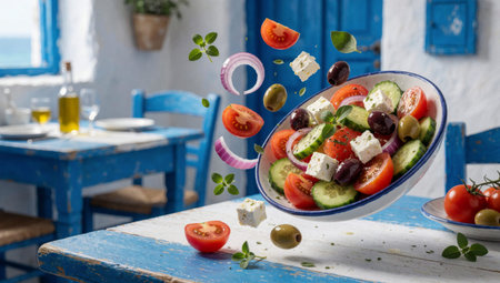 Of Greek salad on a wooden table in a restaurant. The salad is made up of sliced tomatoes, cucumbers, olives, red onions, and feta cheese.