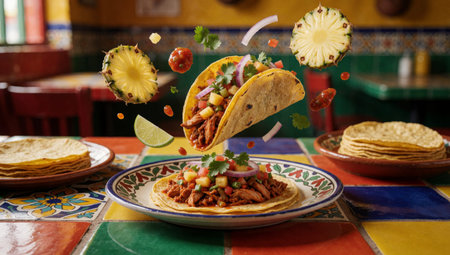 Of tacos on a colorful tablecloth. The tacos are filled with shredded beef, diced tomatoes, onions, and cilantro. There are also slices of pineapple scattered around the plate.